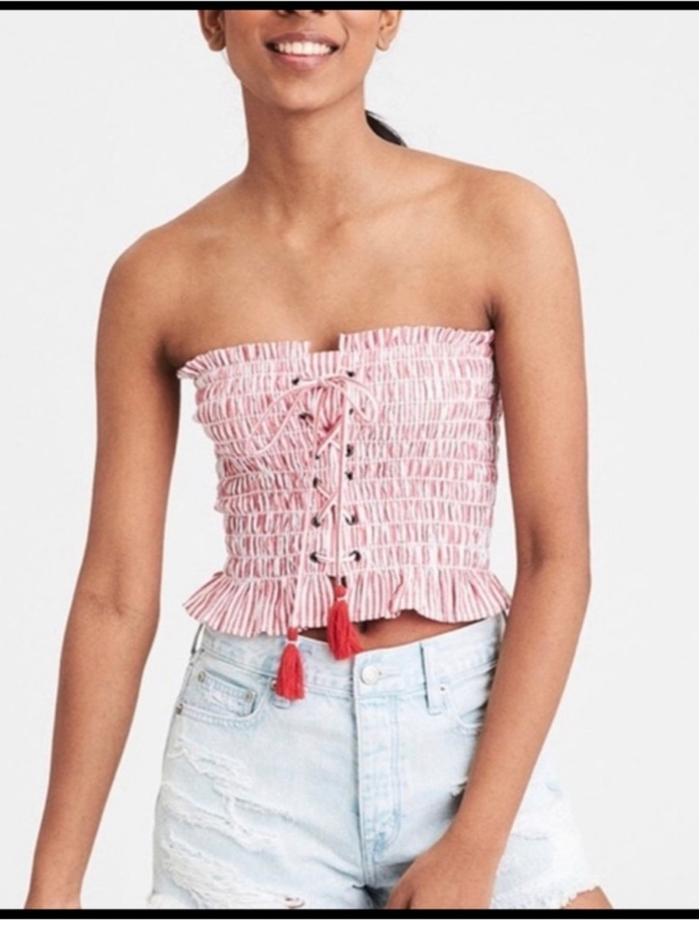 American Eagle Outfitters Smocked Strapless Tube Top - Red and White Stripes